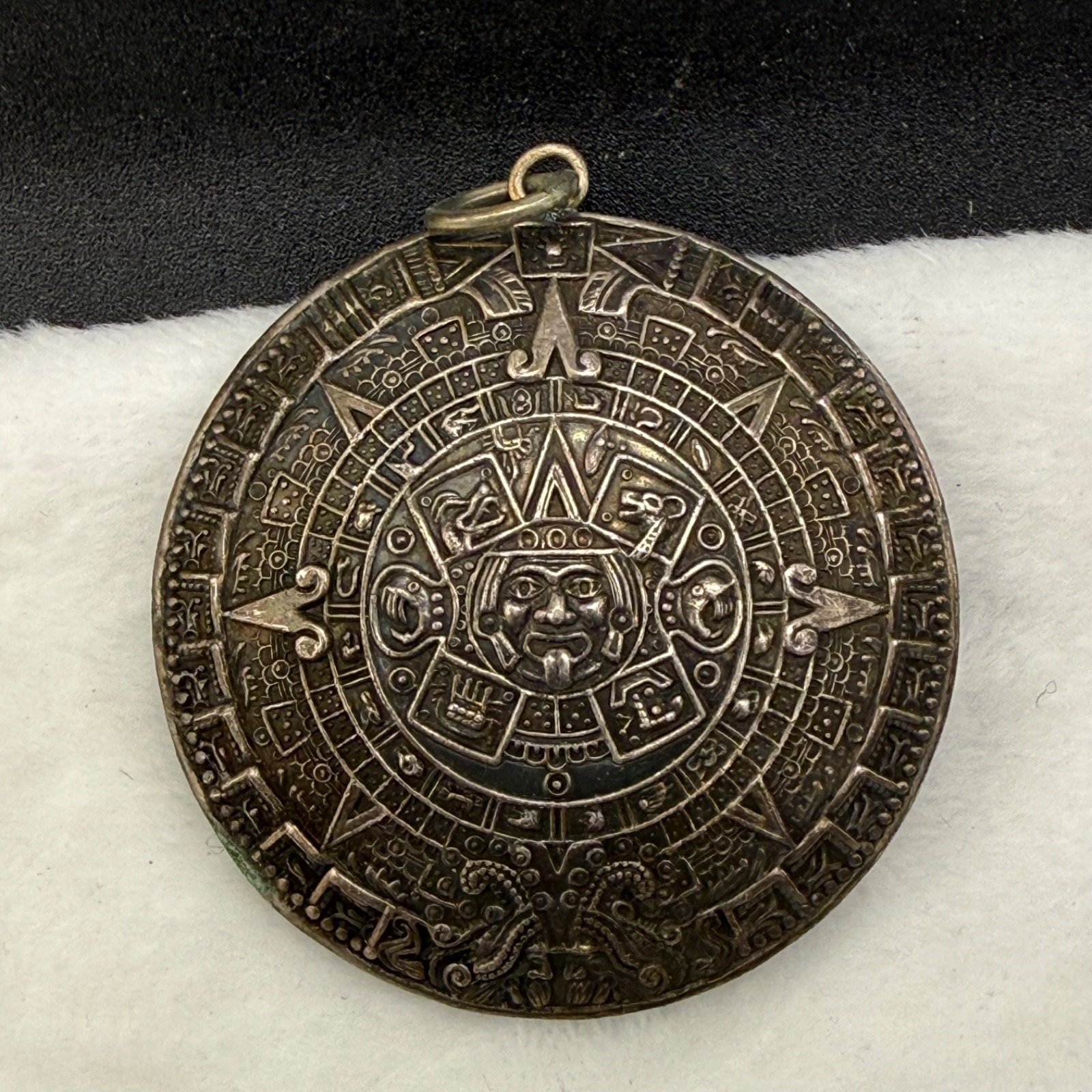 Vintage Aztec Calendar Pendant Silver Tone Mexican Sun